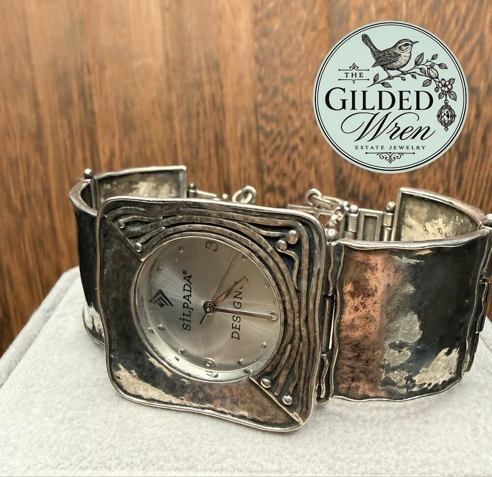 Silpada 925 Sterling Silver Cuff Bracelet Watch 7in 59.63g Safety Chain